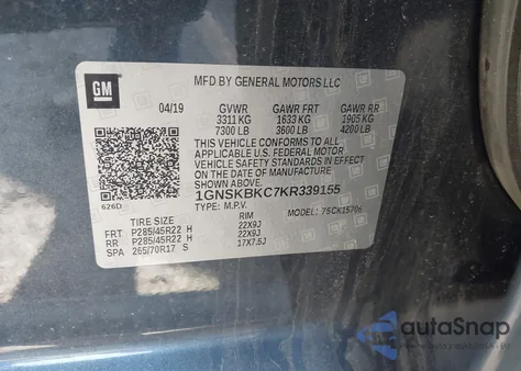 2019 Chevrolet Tahoe Lt z USA, uszkodzony, nr VIN 1GNSKBKC7KR339155